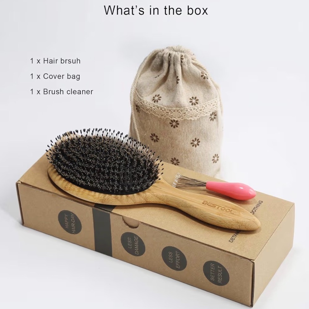 Bamboo Paddle Hair Brush with Black Bristles - Pink Cleaner - Picture 6 of 6